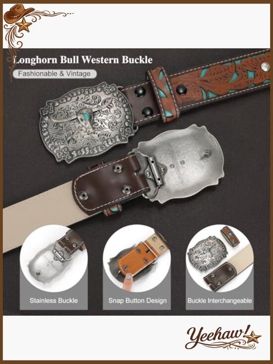 Engraved Tooled Leather Western Belt, Vintage Cowboy Belt, Interchangeable main image 6